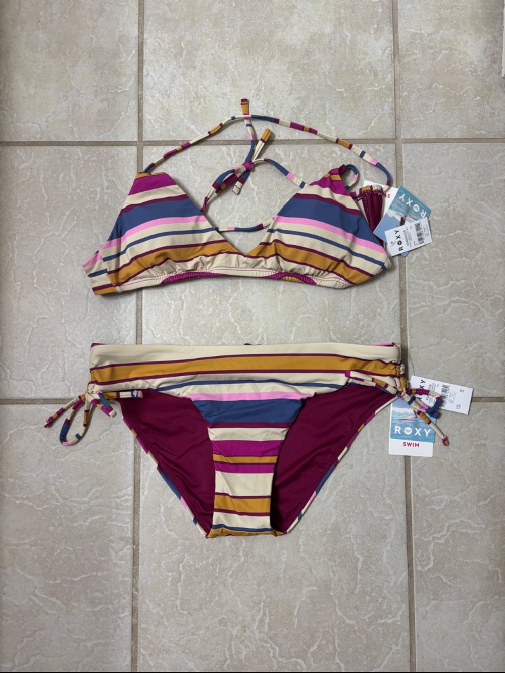 Roxy Striped Halter Bikini Set in Pink, Blue & Gold